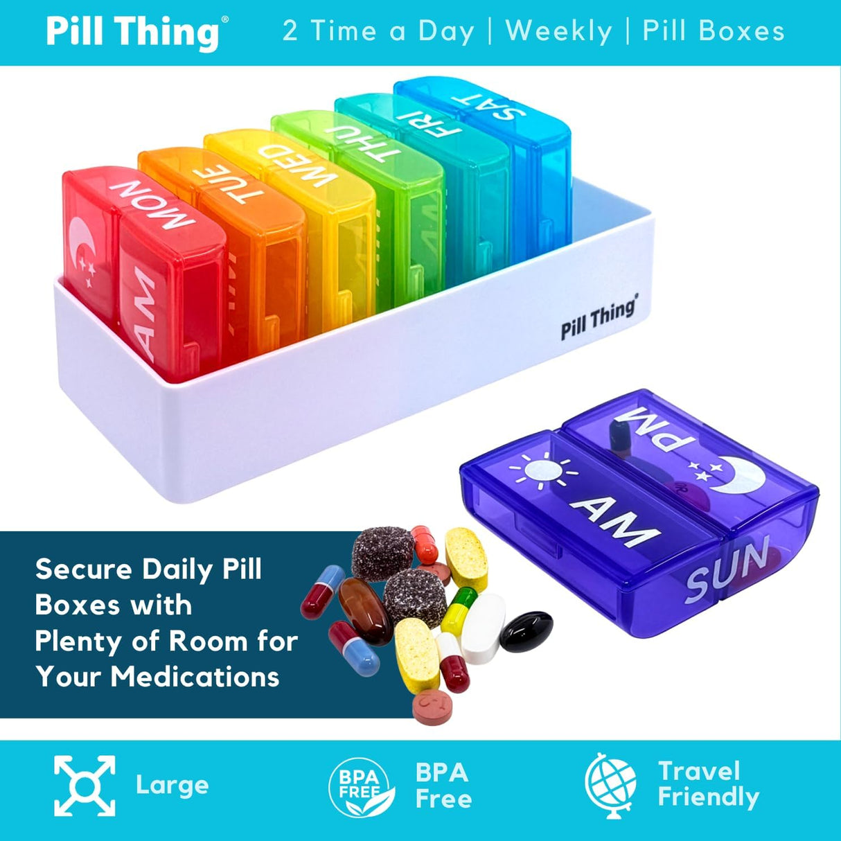 2 Times a Day, 7 Day Large Weekly Pill Organizer with Holder Tray, Vitamin, Medicine Box, Multicolor