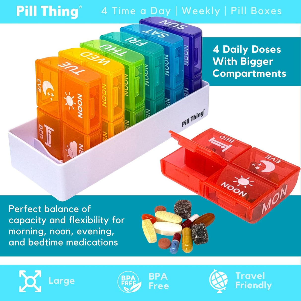 4 Times a Day, 7 Day Large Weekly Pill Organizer with Holder Tray, Vitamin, Medicine Box, Multicolor