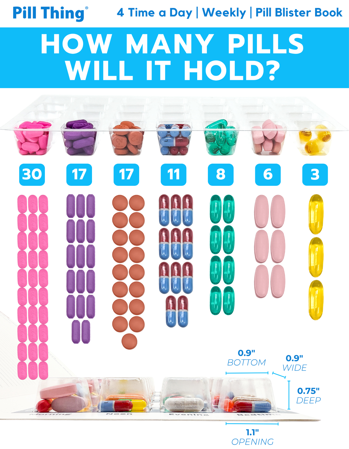 4 Time a Day Weekly XL Cold Seal Pill Blister Cards - Two Piece Tri-Fold Booklet - 6 Pack