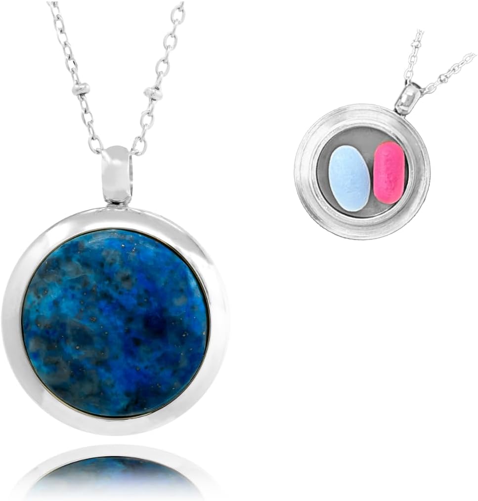 Round Silver with Lapis Pill Locket Necklace O-ring Seal - 25mm