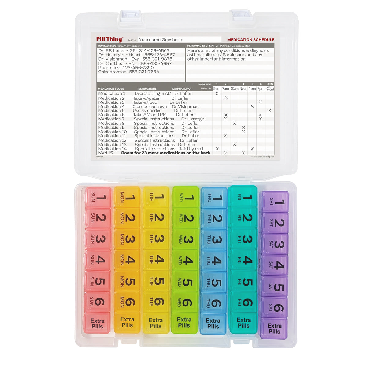 6 Times a Day Weekly Pill Box Organizers in a Secure Case, Extra Pills Compartment, Medication Map