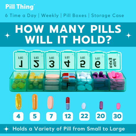 6 Times a Day Weekly Pill Box Organizers in a Secure Case, Extra Pills Compartment, Medication Map
