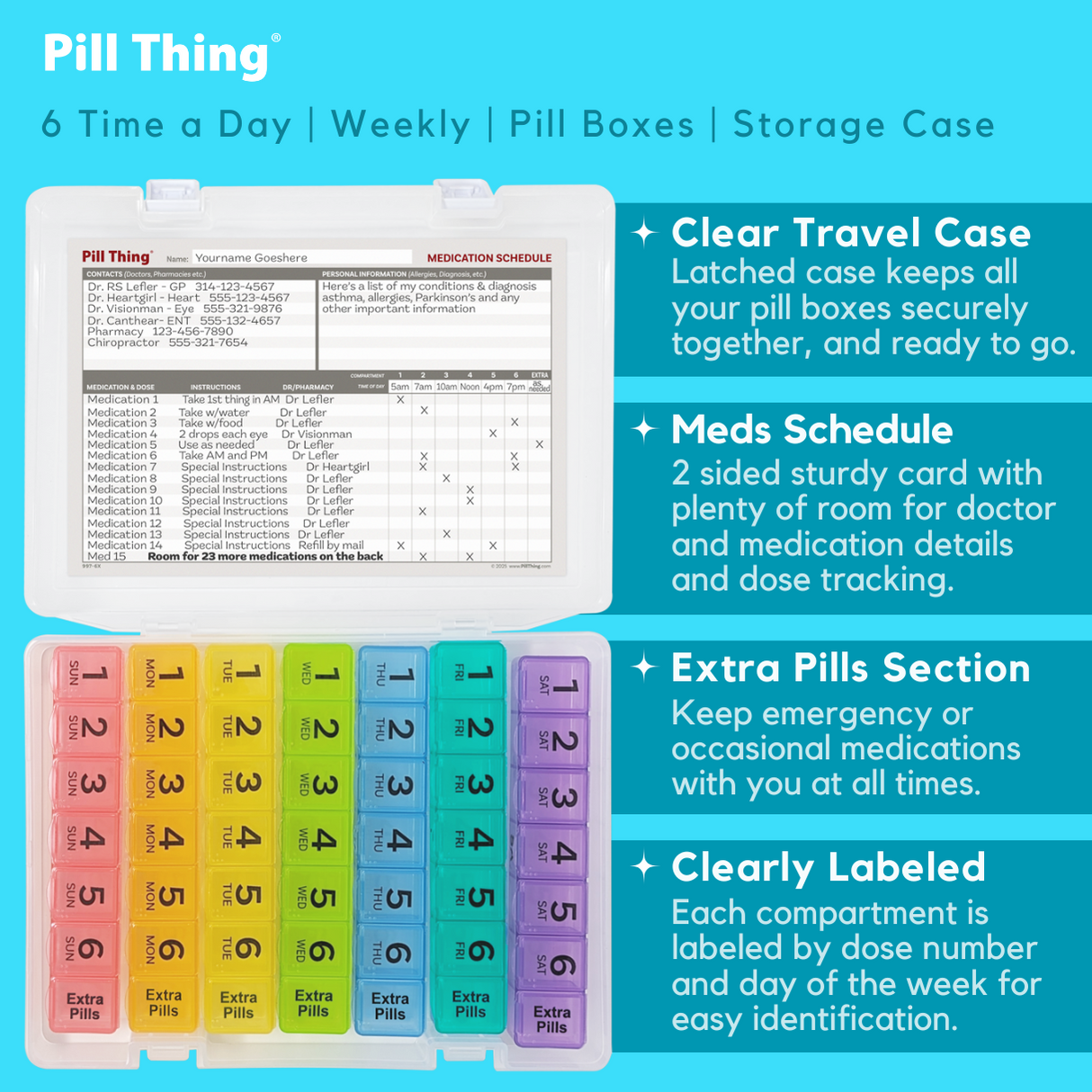 6 Times a Day Weekly Pill Box Organizers in a Secure Case, Extra Pills Compartment, Medication Map