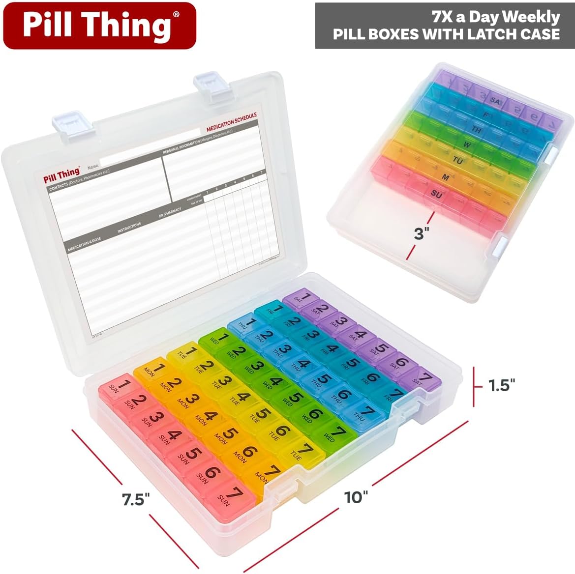 7 Times a Day Weekly Pill Box Organizer Case, Secure 7X Pillbox with Medication Schedule