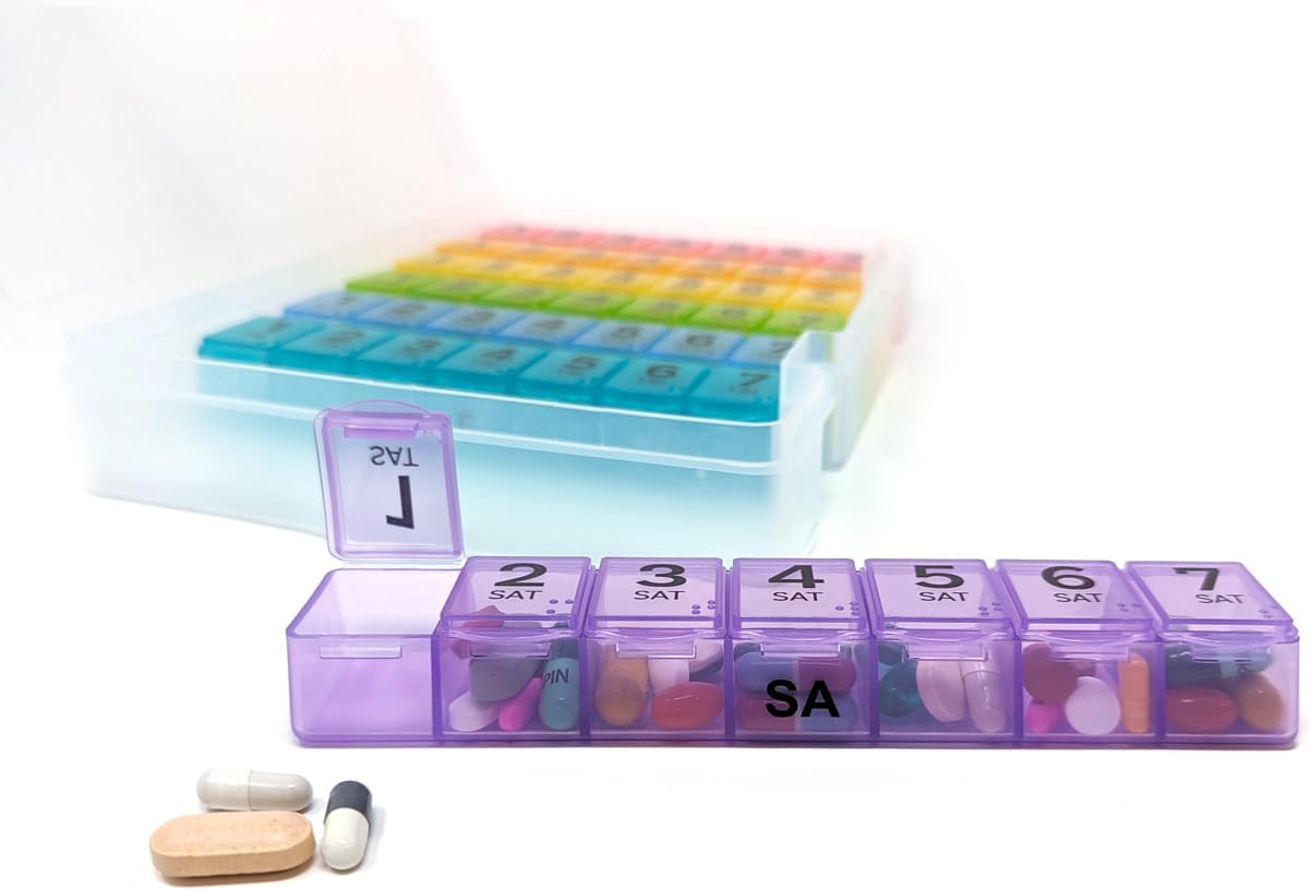 7 Times a Day Weekly Pill Box Organizer Case, Secure 7X Pillbox with Medication Schedule