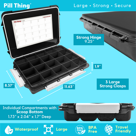 20 Compartment Large Pill Case with Airtight, Waterproof Seal, Medication Map & Medical Alert Card Included (Multiple Color Options)