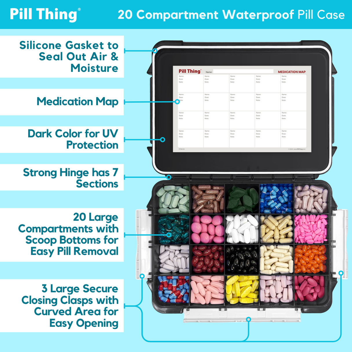 20 Compartment Large Pill Case with Airtight, Waterproof Seal, Medication Map & Medical Alert Card Included (Multiple Color Options)