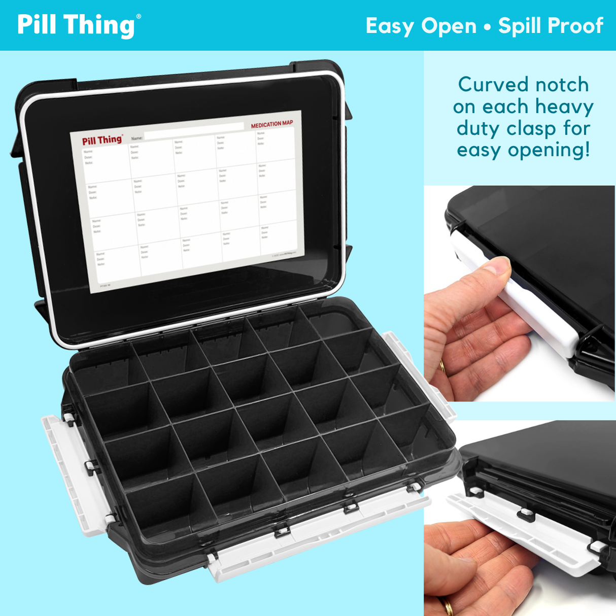 20 Compartment Large Pill Case with Airtight, Waterproof Seal, Medication Map & Medical Alert Card Included (Multiple Color Options)