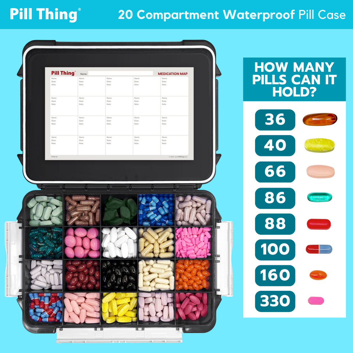 20 Compartment Large Pill Case with Airtight, Waterproof Seal, Medication Map & Medical Alert Card Included (Multiple Color Options)