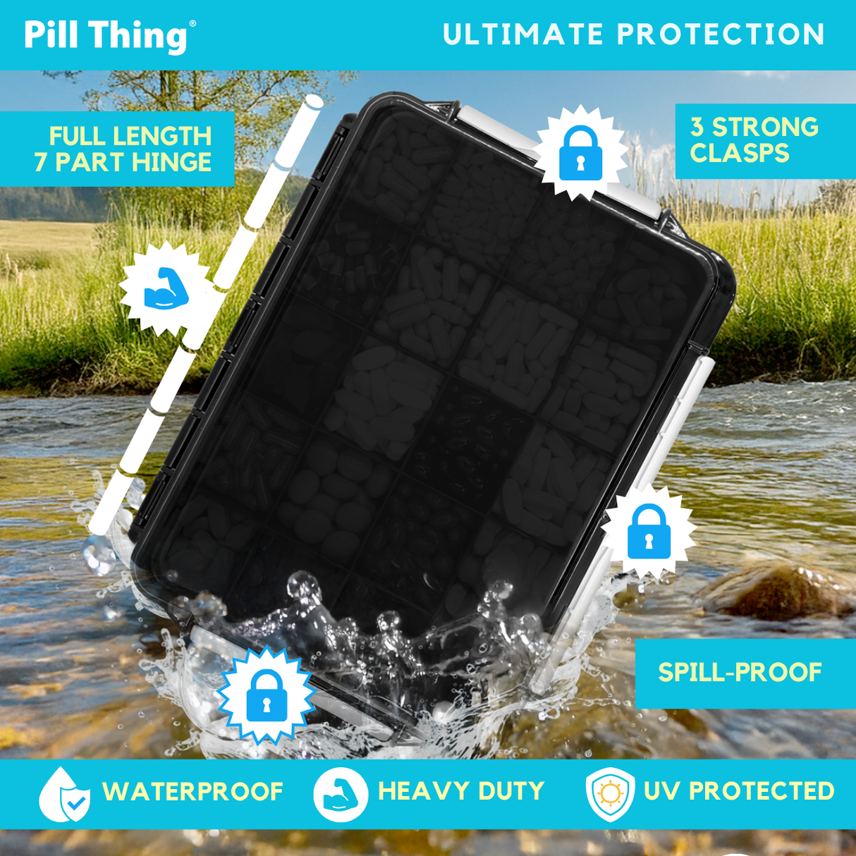 20 Compartment Large Pill Case with Airtight, Waterproof Seal, Medication Map & Medical Alert Card Included (Multiple Color Options)