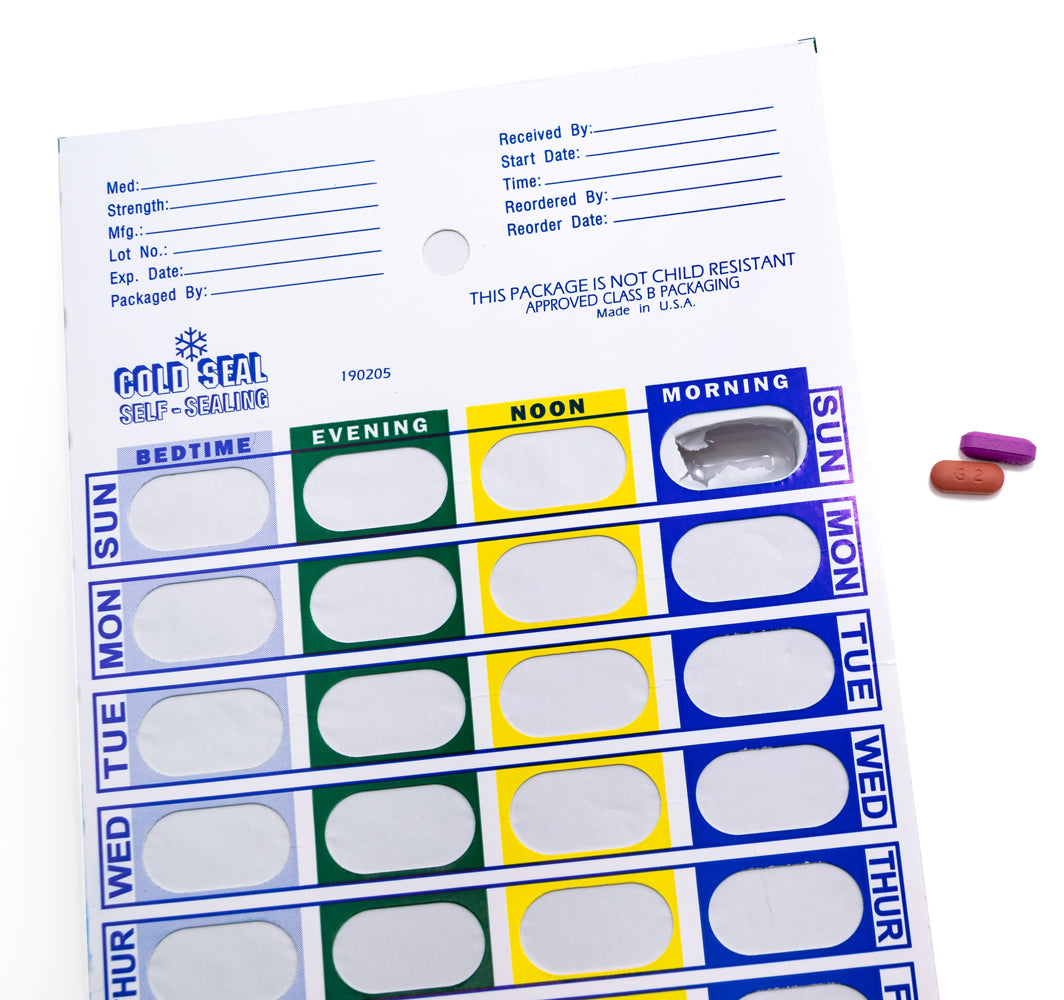 Weekly, 4 Time a Day, Cold Seal Medication Blister Cards - Book Fold