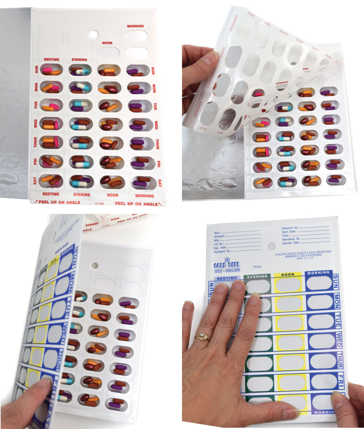 Weekly, 4 Time a Day, Cold Seal Medication Blister Cards - Book Fold