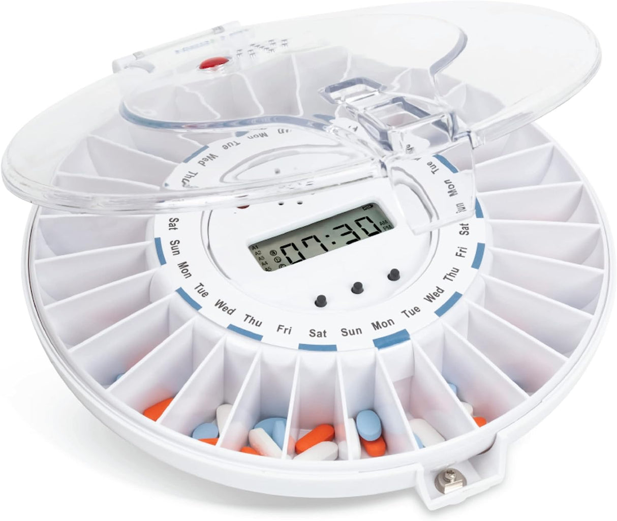 Medication Dispenser with Automatic Lock Box 28 Sealed Pill Compartments (Clear Lid)