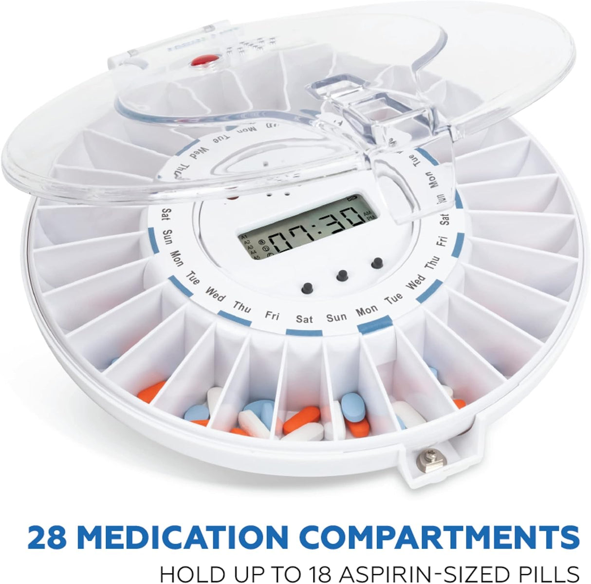 Medication Dispenser with Automatic Lock Box 28 Sealed Pill Compartments (Clear Lid)