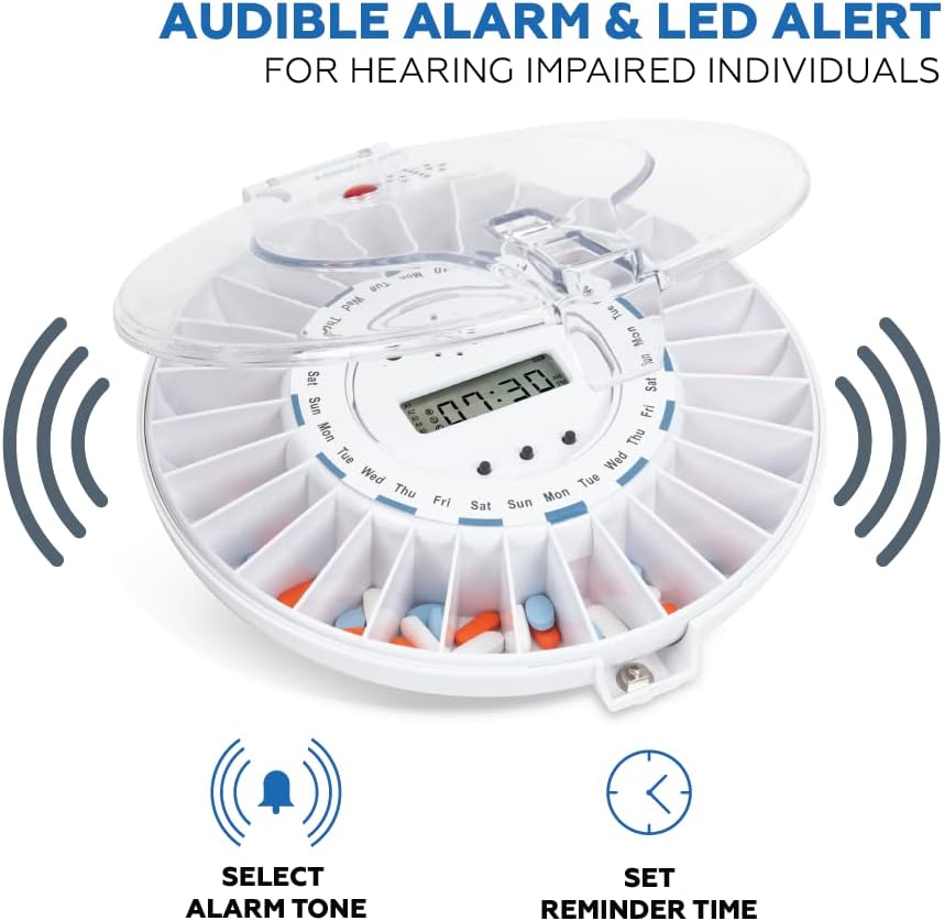Medication Dispenser with Automatic Lock Box 28 Sealed Pill Compartments (Clear Lid)