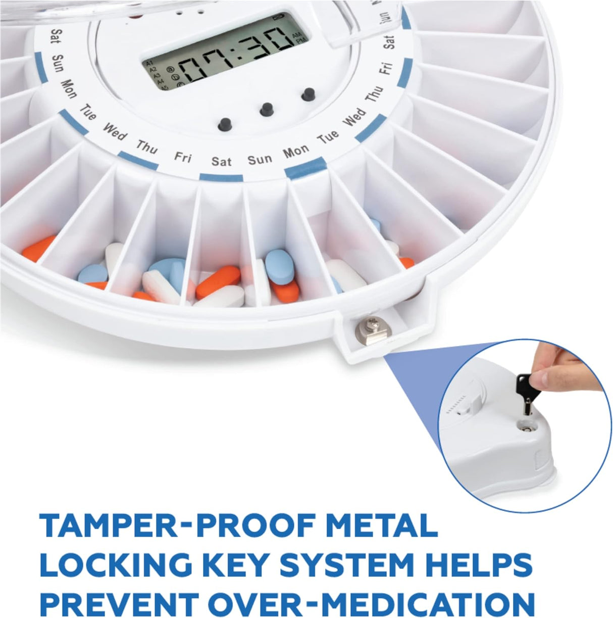 Medication Dispenser with Automatic Lock Box 28 Sealed Pill Compartments (Clear Lid)