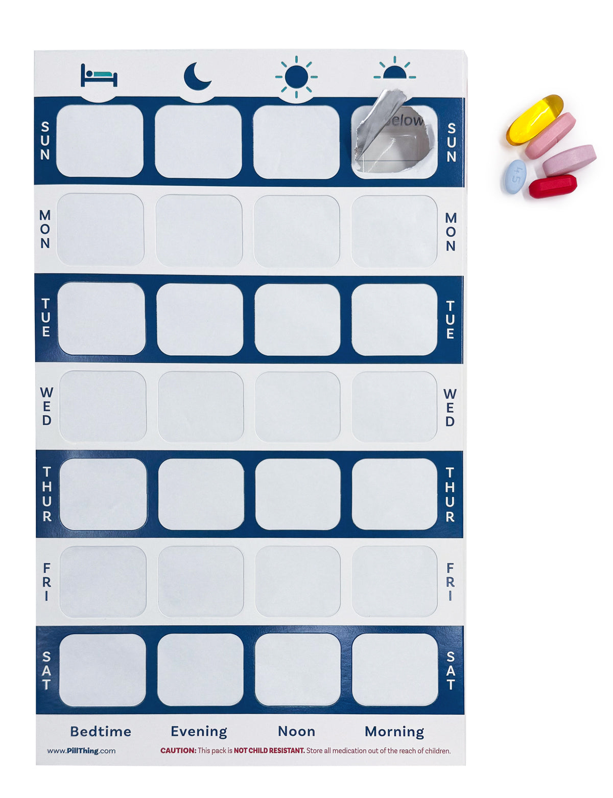 Weekly XL, 4 Time a Day, Cold Seal Medication Blister Cards - Tri-Fold Booklet