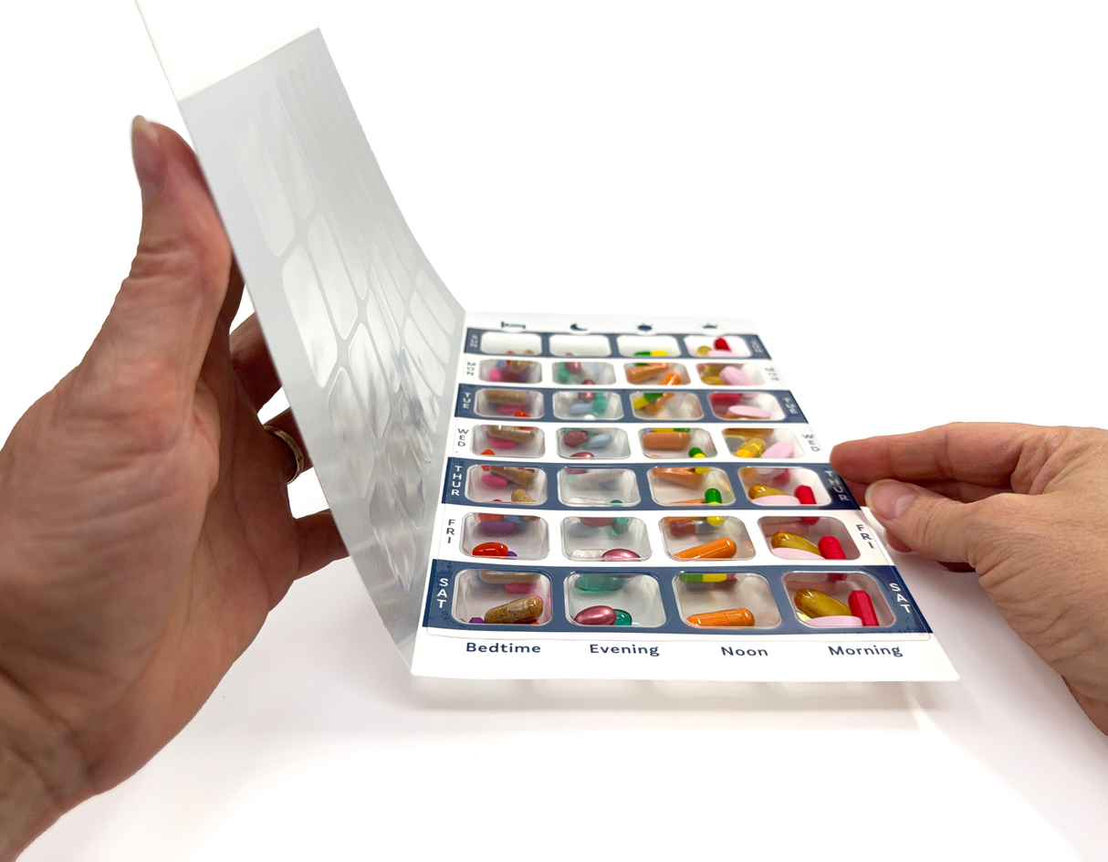 Weekly XL, 4 Time a Day, Cold Seal Medication Blister Cards - Tri-Fold Booklet