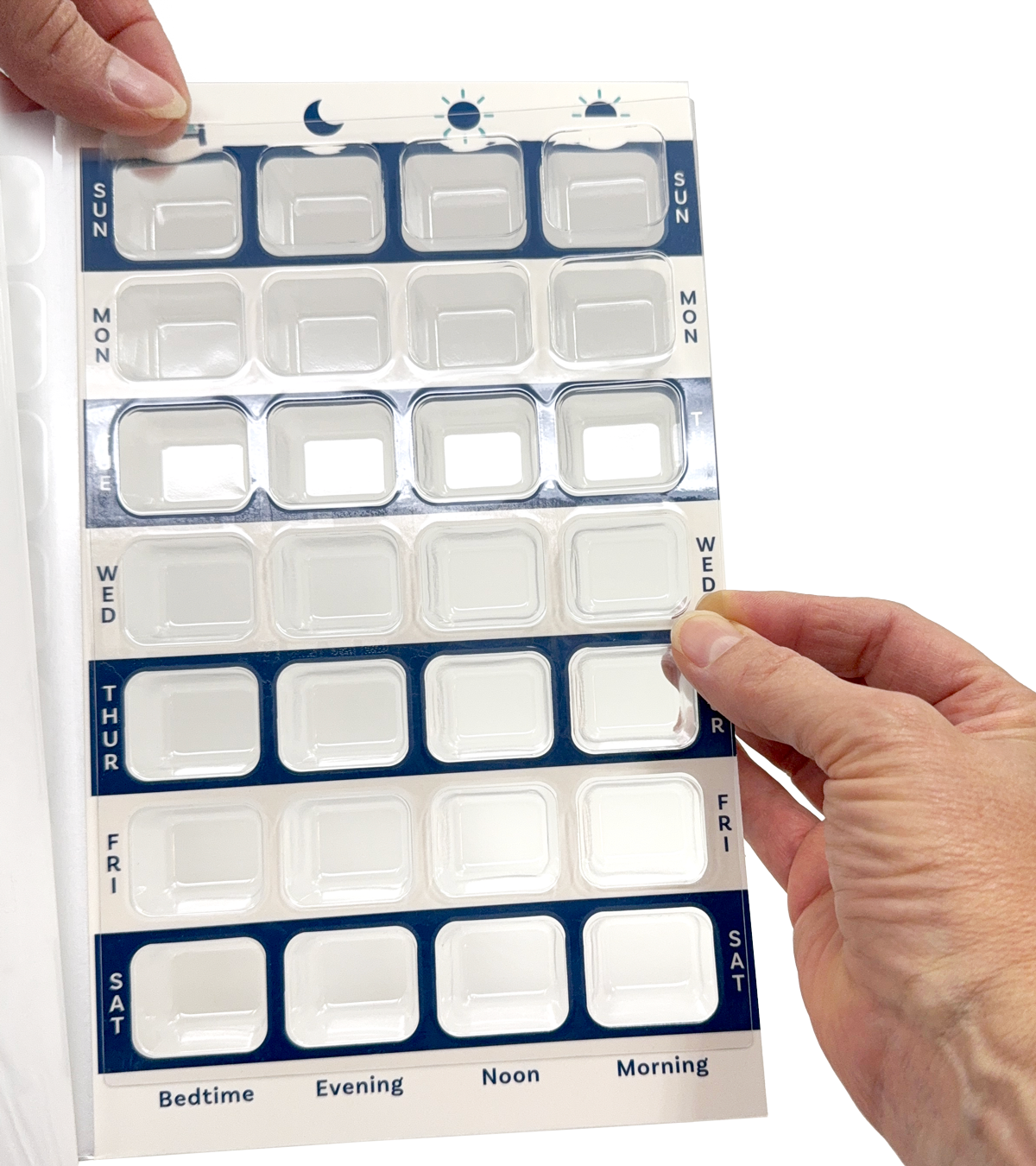 Weekly XL, 4 Time a Day, Cold Seal Medication Blister Cards - Tri-Fold Booklet