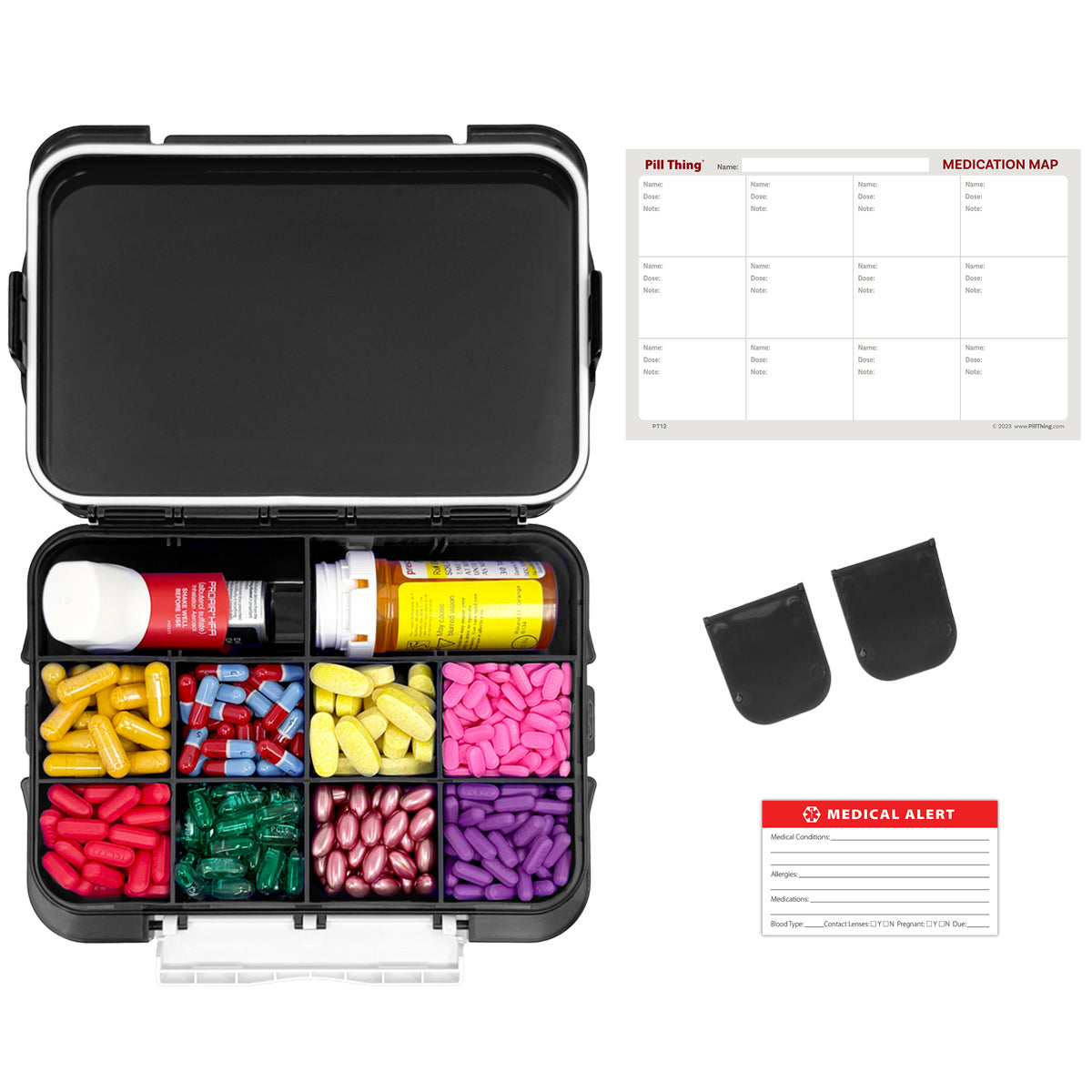 12 Compartment Large Pill Case with Airtight, Waterproof Seal, Medication Map Included (Multiple Colors)