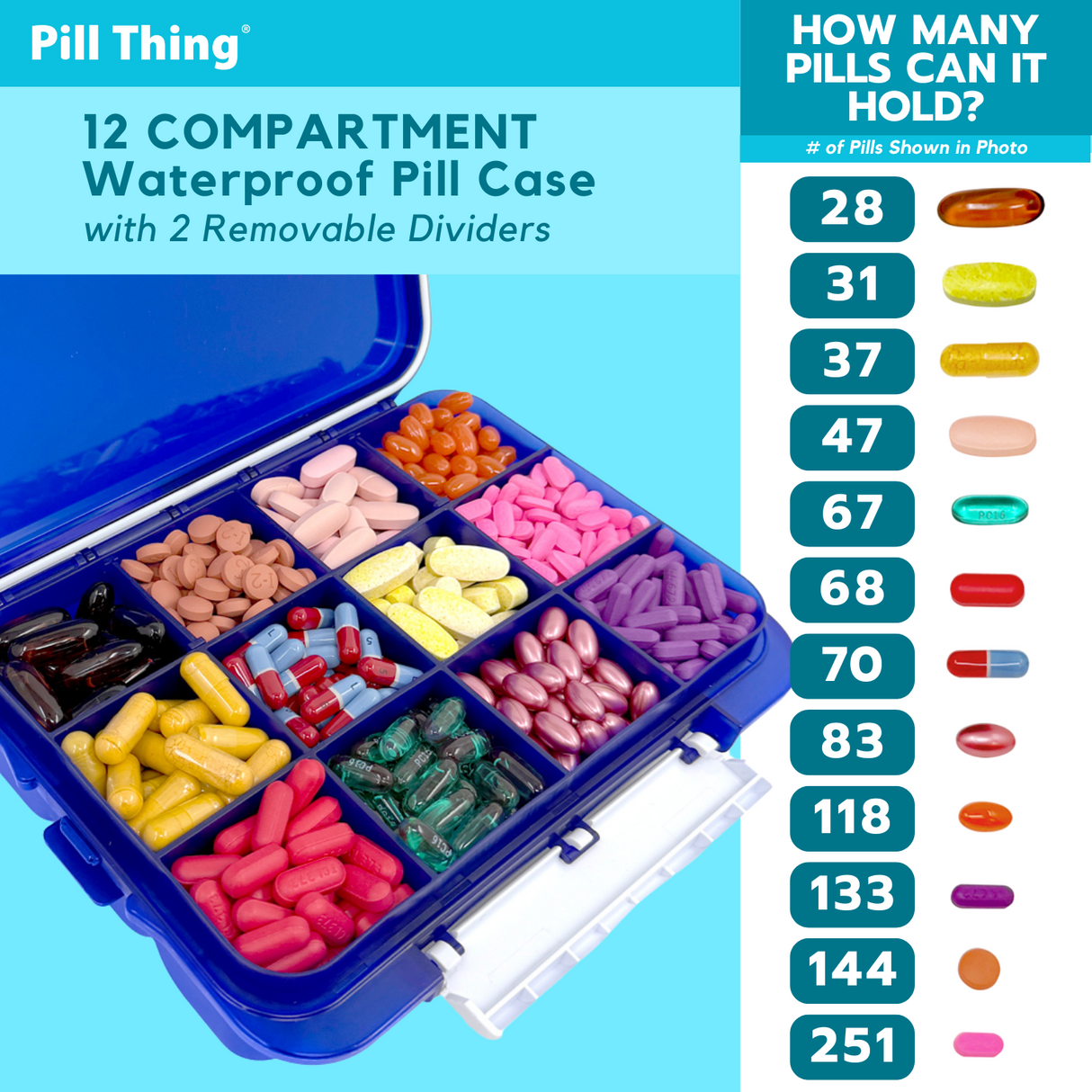 12 Compartment Large Pill Case with Airtight, Waterproof Seal, Medication Map Included (Multiple Colors)