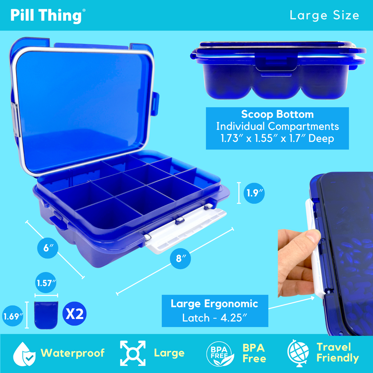 12 Compartment Large Pill Case with Airtight, Waterproof Seal, Medication Map Included (Multiple Colors)