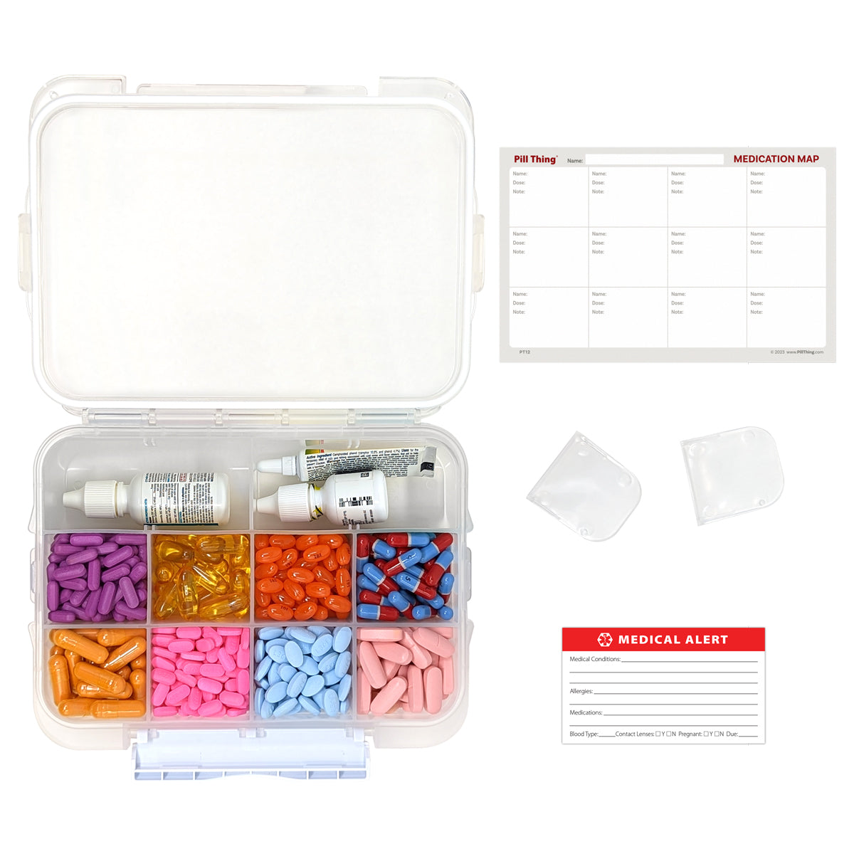 12 Compartment Large Pill Case with Airtight, Waterproof Seal, Medication Map Included (Multiple Colors)