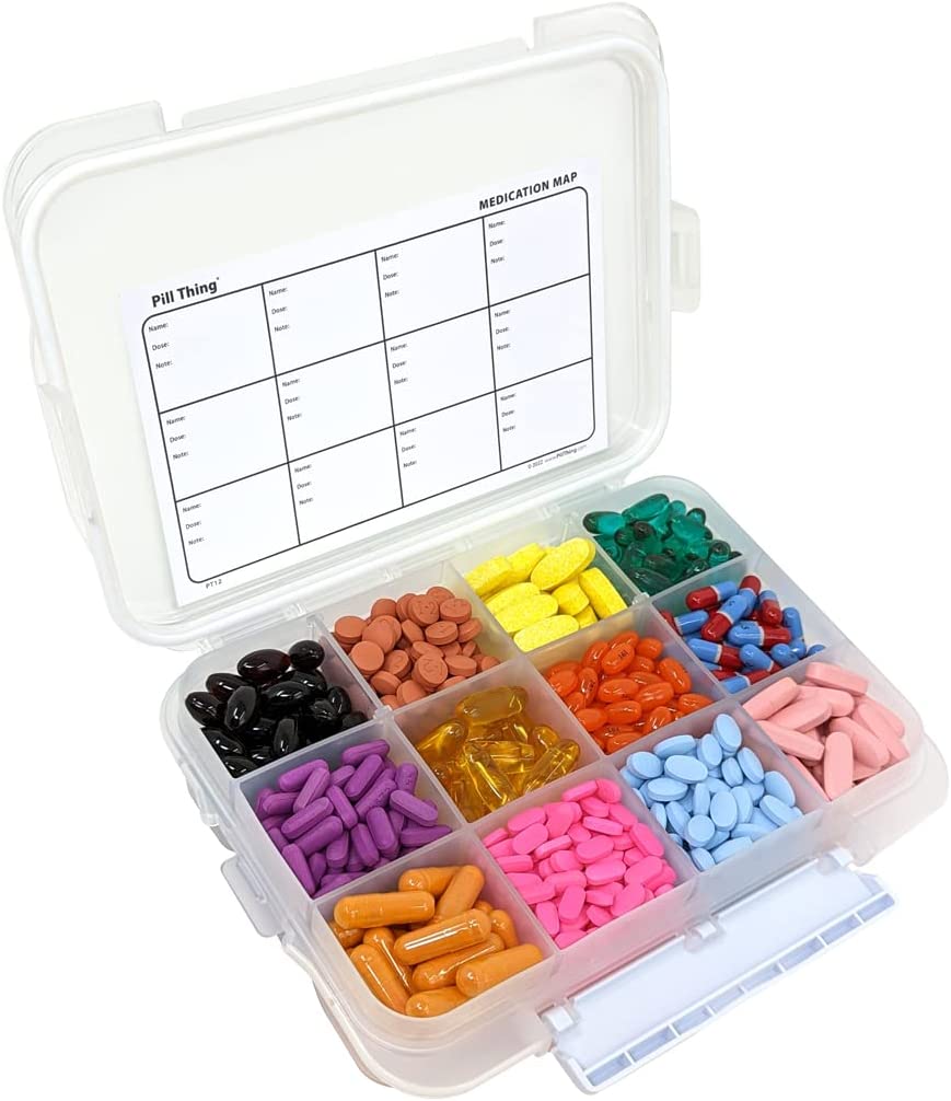 12 Compartment Large Pill Case with Airtight, Waterproof Seal, Medication Map Included (Multiple Colors)