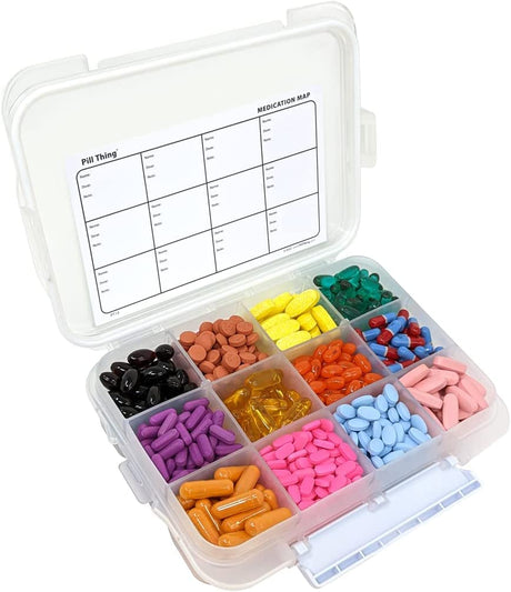 12 Compartment Large Pill Case with Airtight, Waterproof Seal, Medication Map Included (Multiple Colors)