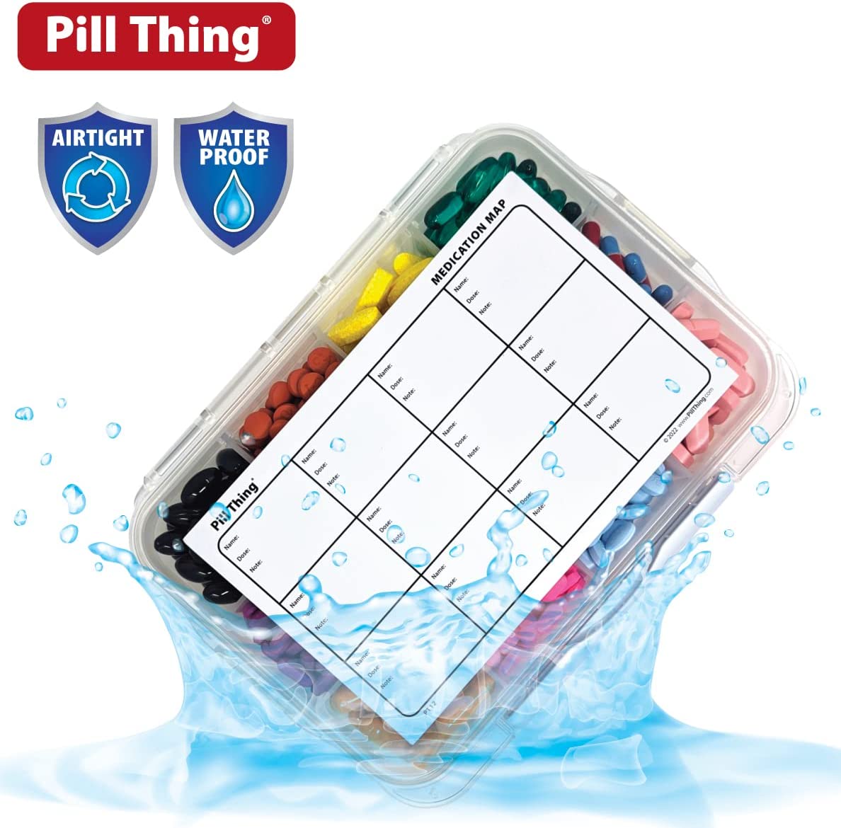 12 Compartment Large Pill Case with Airtight, Waterproof Seal, Medication Map Included (Multiple Colors)