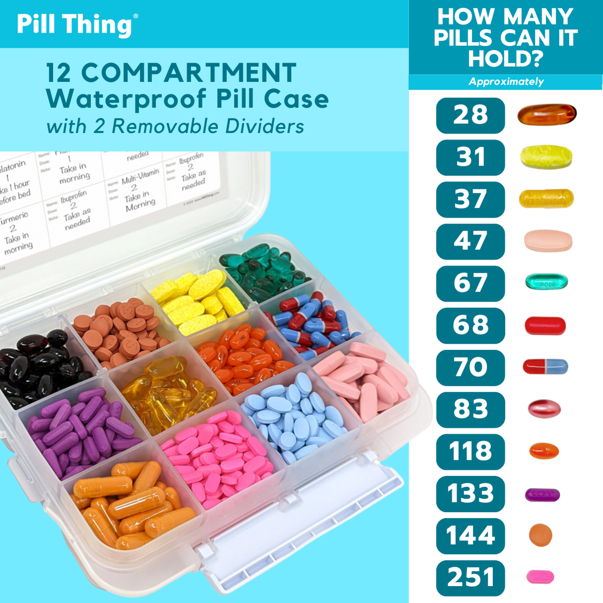 12 Compartment Large Pill Case with Airtight, Waterproof Seal, Medication Map Included (Multiple Colors)