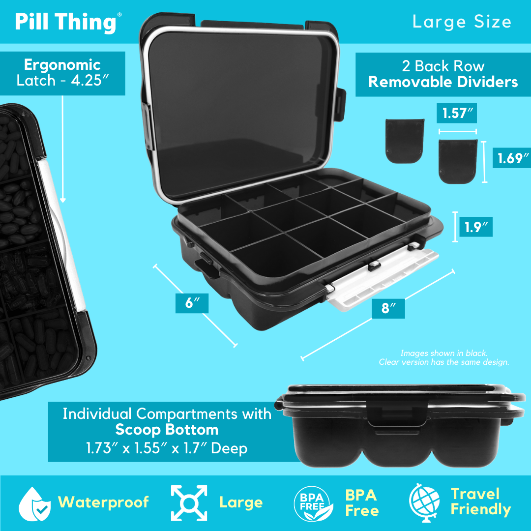 12 Compartment Large Pill Case with Airtight, Waterproof Seal, Medication Map Included (Multiple Colors)