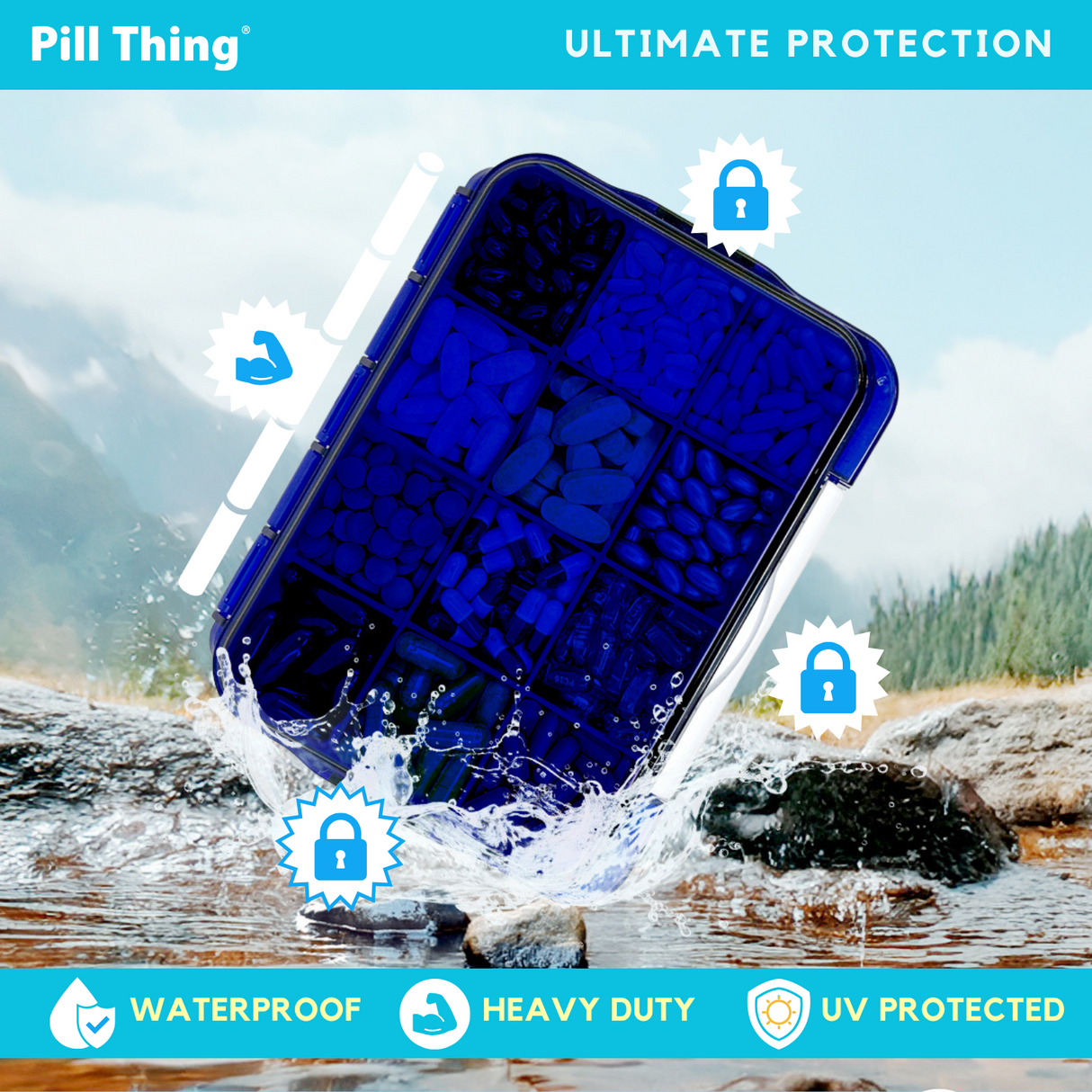 12 Compartment Large Pill Case with Airtight, Waterproof Seal, Medication Map Included (Multiple Colors)