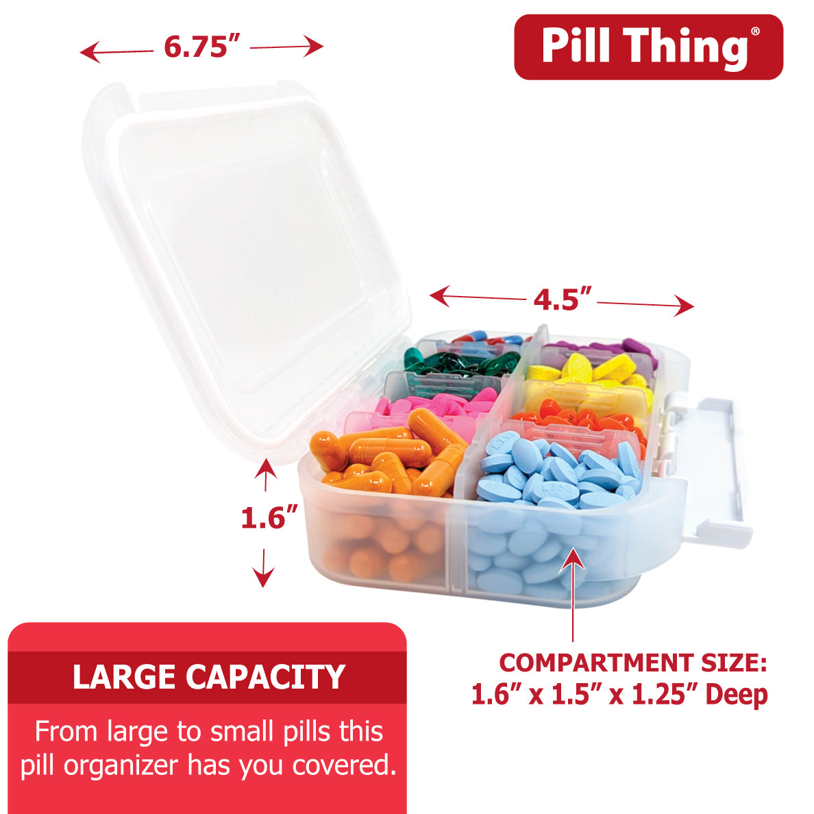 8 Compartment Large Pill Case with Airtight, Waterproof Seal, Medication Map Included