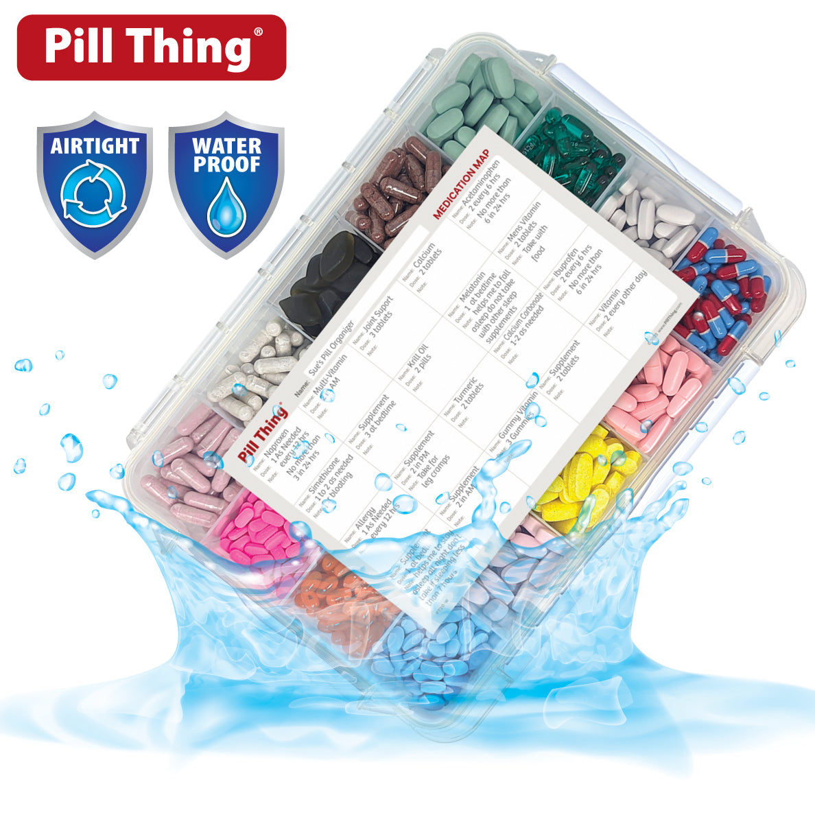 20 Compartment Large Pill Case with Airtight, Waterproof Seal, Medication Map & Medical Alert Card Included (Multiple Color Options)