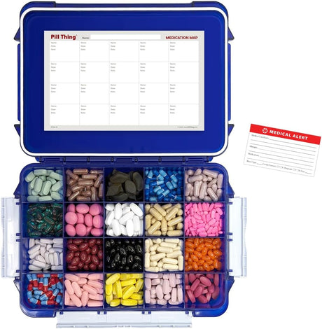 20 Compartment Large Pill Case with Airtight, Waterproof Seal, Medication Map & Medical Alert Card Included (Multiple Color Options)