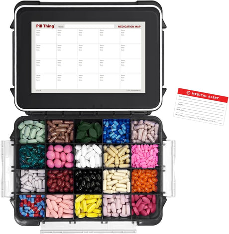20 Compartment Large Pill Case with Airtight, Waterproof Seal, Medication Map & Medical Alert Card Included (Multiple Color Options)