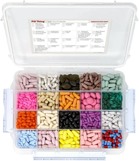 20 Compartment Large Pill Case with Airtight, Waterproof Seal, Medication Map & Medical Alert Card Included (Multiple Color Options)