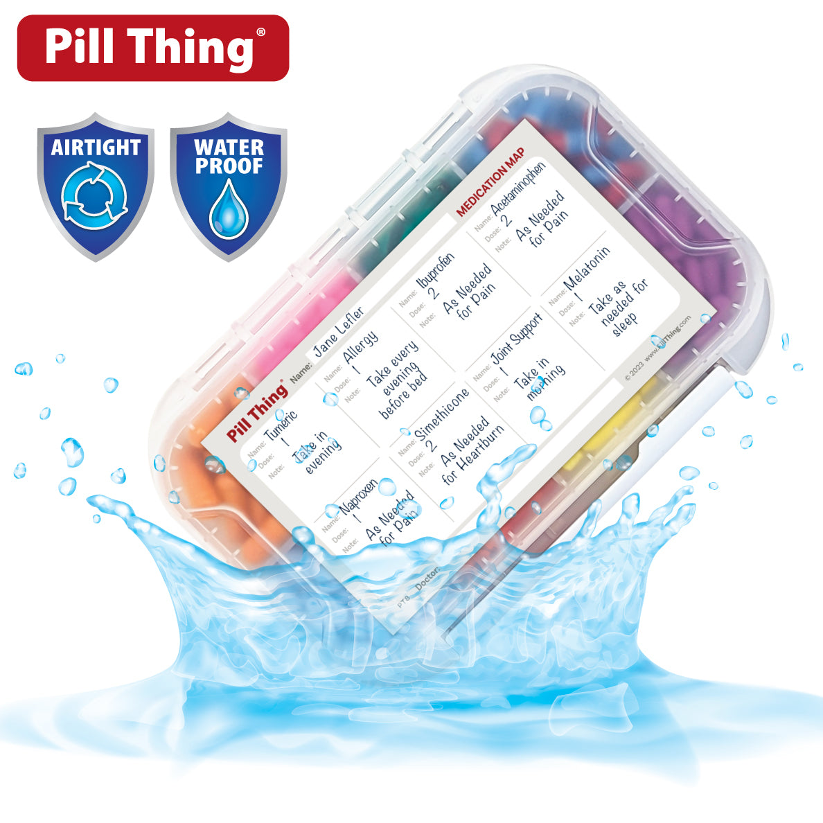 8 Compartment Large Pill Case with Airtight, Waterproof Seal, Medication Map Included
