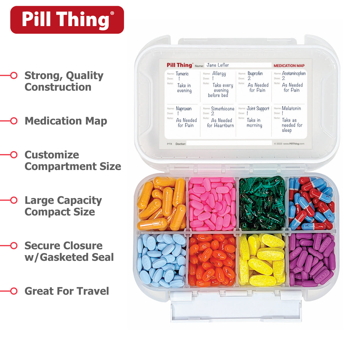 8 Compartment Large Pill Case with Airtight, Waterproof Seal, Medication Map Included