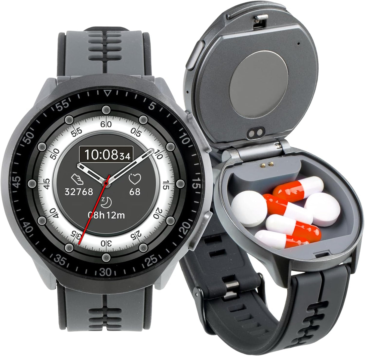 2-in-1 Smart Watch with Pill Storage Box for Emergency Medications, Vitamins, Fish Oil - Bluetooth, Waterproof, 120+ Sport Modes, Extended Battery Life (Gray)
