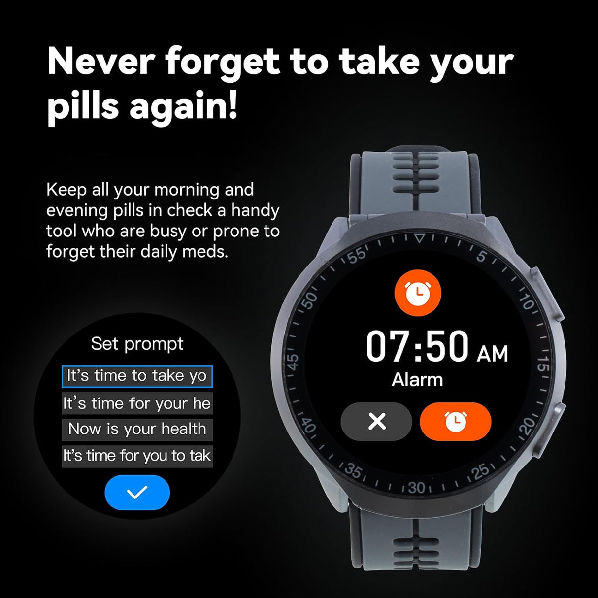 2-in-1 Smart Watch with Pill Storage Box for Emergency Medications, Vitamins, Fish Oil - Bluetooth, Waterproof, 120+ Sport Modes, Extended Battery Life (Gray)