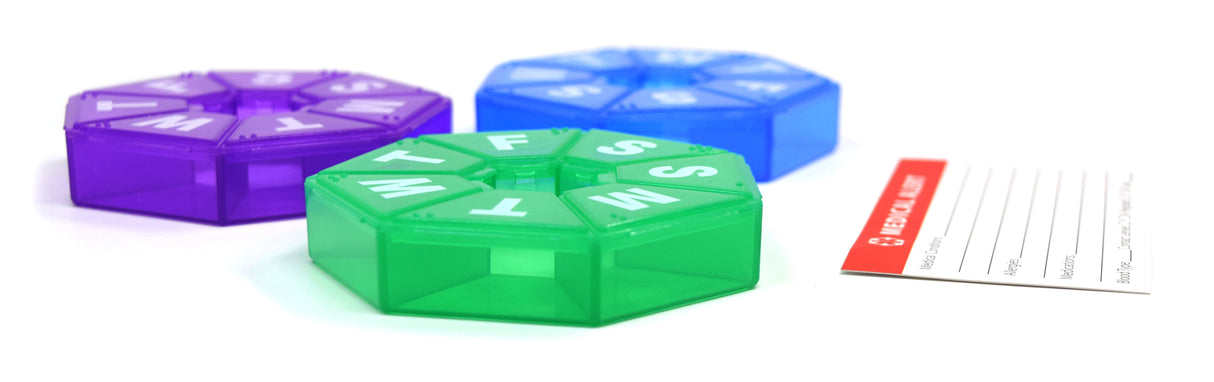 Seven-Sided Pill Organizer 3 Pack of Small,  Blue, Green & Purple with Bonus Medical Alert Card