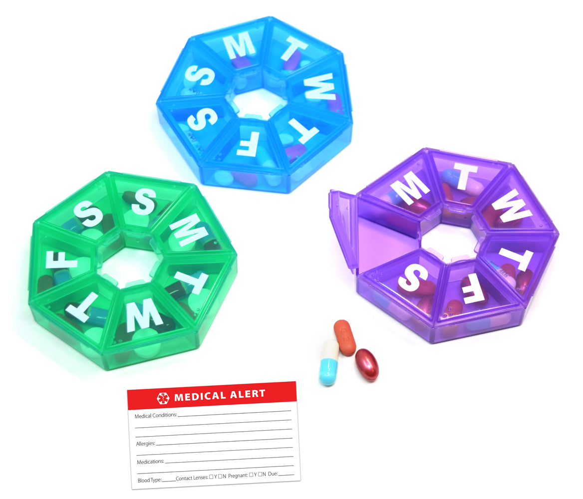 Seven-Sided Pill Organizer 3 Pack of Small,  Blue, Green & Purple with Bonus Medical Alert Card