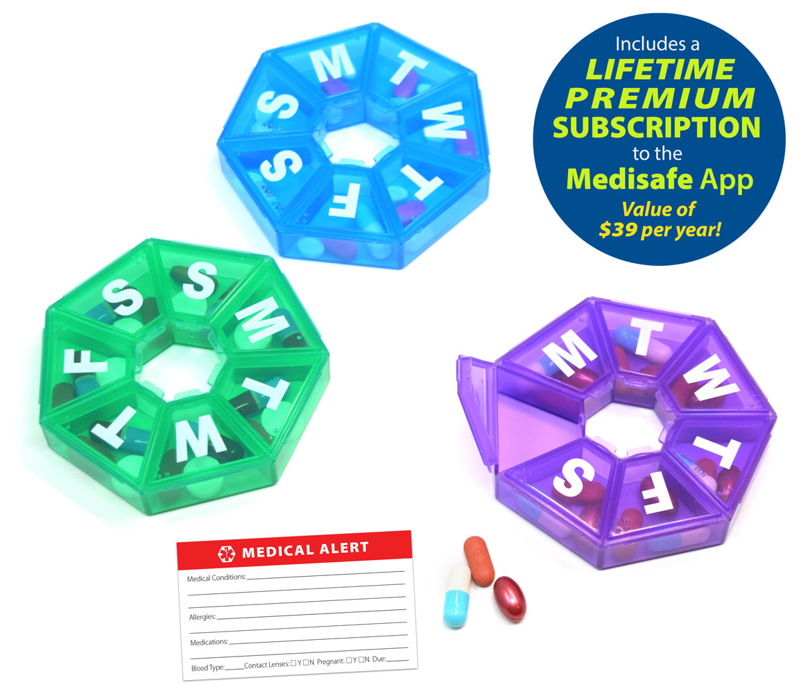 Seven-Sided Pill Organizer 3 Pack of Small,  Blue, Green & Purple with Bonus Medical Alert Card