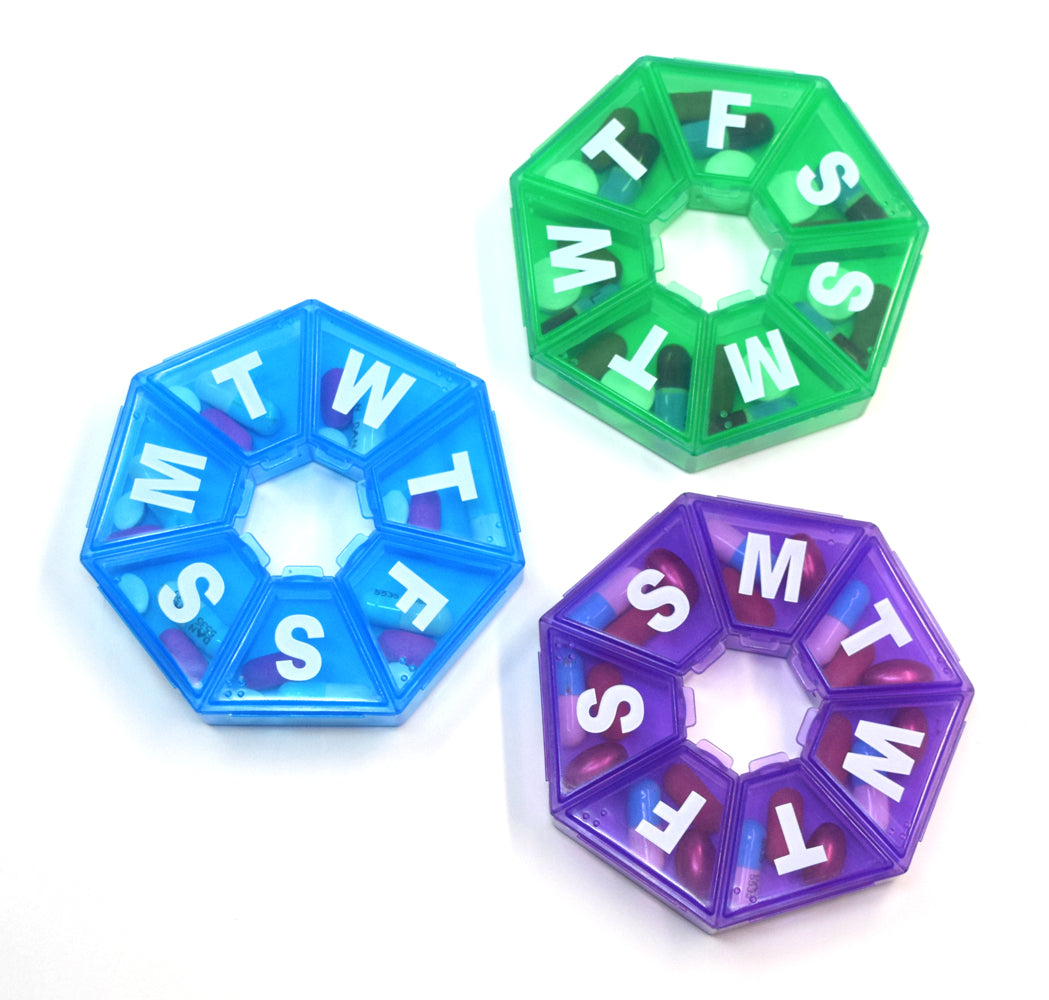 Seven-Sided Pill Organizer 3 Pack of Small,  Blue, Green & Purple with Bonus Medical Alert Card