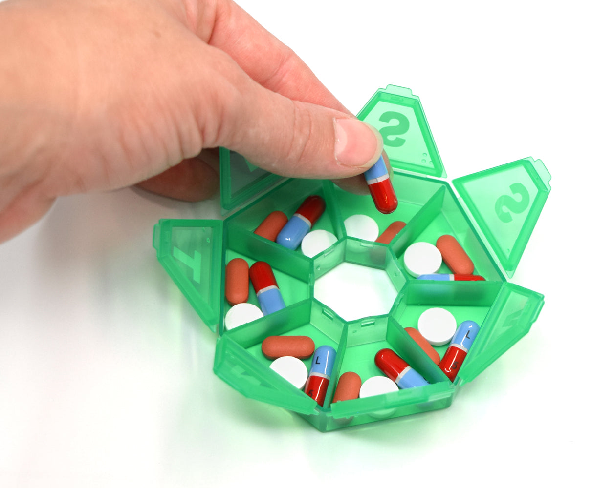 Seven-Sided Pill Organizer 3 Pack of Small,  Blue, Green & Purple with Bonus Medical Alert Card