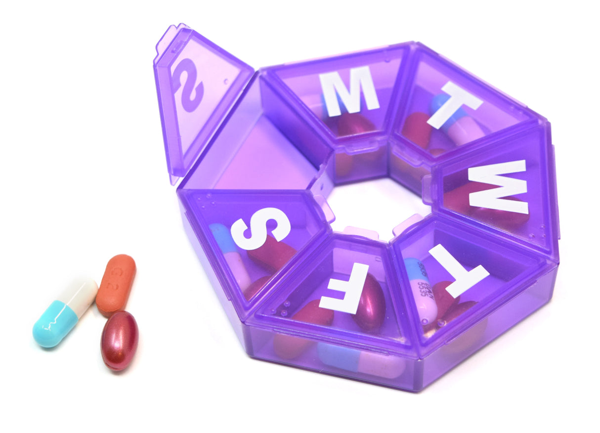 Seven-Sided Pill Organizer 3 Pack of Small,  Blue, Green & Purple with Bonus Medical Alert Card