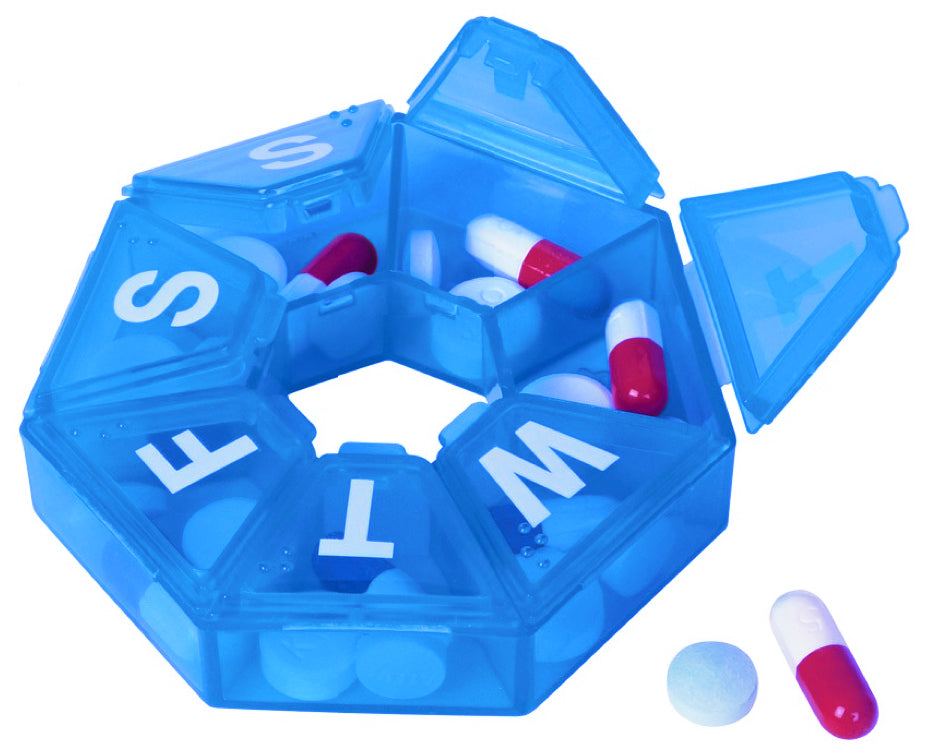 Seven-Sided Pill Organizer 3 Pack of Small,  Blue, Green & Purple with Bonus Medical Alert Card