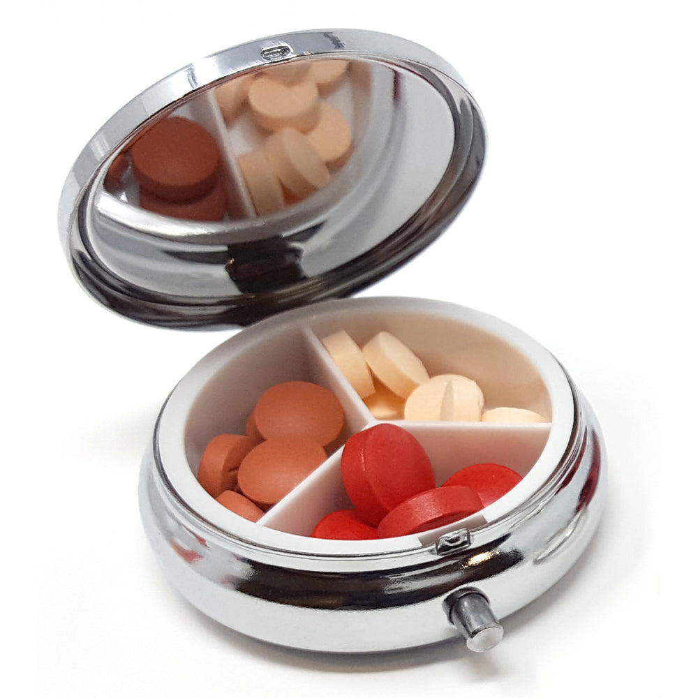 Round Silver 3-Compartment Pill Box with 2 Pill Box Key Rings